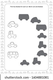 Math and logic worksheets for kids. Number recognition, count up to 5. 1, 2, 3, 4. Play cars and learn mathematics. For kindergarden and homeschooling. For children 2 to 5. Black and white.
