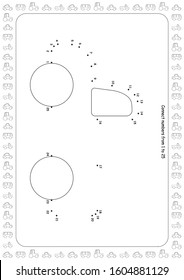 Math and logic worksheets for kids. Number recognition, count up to 5. 1, 2, 3, 4. Play cars and learn mathematics. For kindergarden and homeschooling. For children 2 to 5. Black and white.
