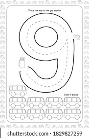 Math and logic worksheets for kids. Number recognition, count from 6 to 9. 6, 7, 8, 9. Play cars and learn mathematics. For kindergarden and homeschooling. For children 2 to 5. Black and white.
