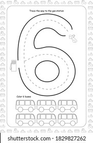 Math and logic worksheets for kids. Number recognition, count from 6 to 9. 6, 7, 8, 9. Play cars and learn mathematics. For kindergarden and homeschooling. For children 2 to 5. Black and white.
