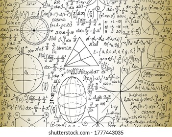Math manuscripts and technical drawings on old paper, scientific vector seamless pattern 