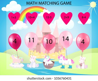 Math matching game Kids Printable. Unicorn vector illustration.