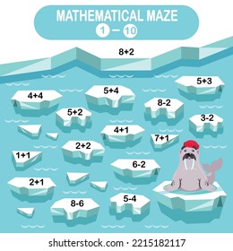 Math maze de 1 a 10. mini juegos para niños, escuela, prepararse para la escuela. Resuelva ejemplos matemáticos. Colección de invierno. Animales árticos del Polo Sur. Walrus en grandes cascos de hielo llega a la orilla. 
