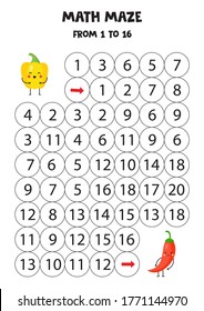Math maze from 1 to 16. Cute kawaii red chili pepper walks towards kawaii yellow pepper. Educational worksheet for kids. Learning to count.