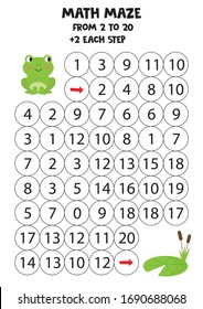 Math Maze From 2 To 20 With Green Frog And Waterlily. Printable Game For Kids.
