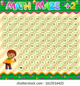 Math Maze Addition Worksheet with boy character holding pencil background of illustration