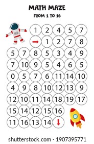 Math Maze With Astronaut And Rocket. Count To 16. Printable Game For Kids.