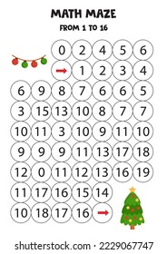 Math maze with cartoon Christmas lights and tree. Count to 16. Printable game for kids.