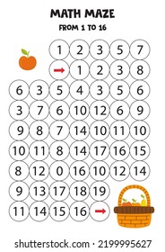 Math maze con una linda manzana y cesta. Cuenta hasta 16. Juego imprimible para niños.