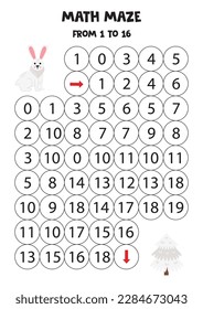 Math maze con adorable liebre ártica de dibujos animados y un árbol de abetos nevado. Cuenta hasta 16. Juego imprimible para niños.