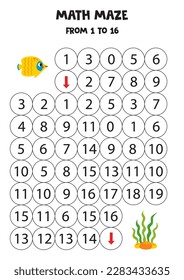 Math maze with cute cartoon butterfly fish and seaweed. Count to 16. Printable game for kids.