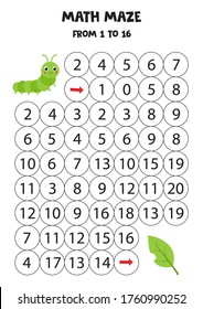 Math maze with cute cartoon caterpillar and the leaf. Funny worksheet for kids. Count from 1 to 16. Help the caterpillar to find way. Educational game. 