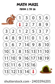 Math maze with cute cartoon chipmunk and burrow. Count to 16. Printable game for kids.