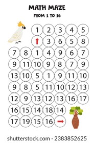 Math maze with cute cartoon cockatoo and bottle tree. Count to 16. Printable game for kids.