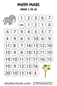 Math maze with cute cartoon elephant and acacia tree. Count to 16. Printable game for kids.
