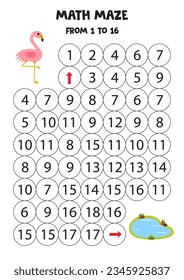 Math maze with cute cartoon flamingo and water pond. Count to 16. Printable game for kids.