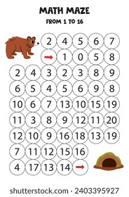 Math maze con lindo caricatura: oso pardo y guarida. Cuenta hasta 16. Juego imprimible para niños.