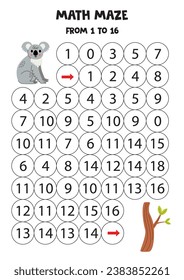 Math maze with cute cartoon koala. Count to 16. Printable game for kids.