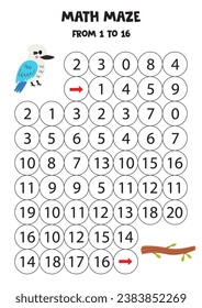 Math maze with cute cartoon kookaburra. Count to 16. Printable game for kids.