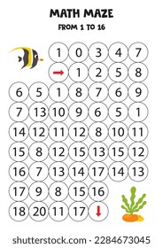 Math maze con una tira cómica sobre peces moros de idolos y algas marinas. Cuenta hasta 16. Juego imprimible para niños.