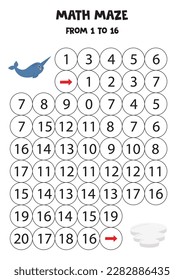 Math maze with cute cartoon narwhal and iceberg. Count to 16. Printable game for kids.