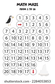 Math maze with cute cartoon puffin and ice berg. Count to 16. Printable game for kids.