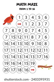 Math maze with cute cartoon red cardinal bird and tree branch. Count to 16. Printable game for kids.
