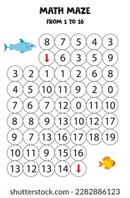 Math maze con tiburón de dibujos animados y peces. Cuenta hasta 16. Juego imprimible para niños.