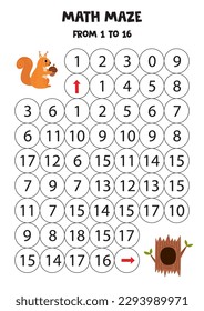 Math maze with cute cartoon squirrel and tree hollow. Count to 16. Printable game for kids.