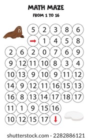 Math maze with cute cartoon walrus and iceberg. Count to 16. Printable game for kids.