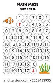 Math maze with cute clownfish and seaweed. Count to 16. Printable game for kids.