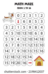 Math maze with cute dog and dog house. Count to 16. Printable game for kids.