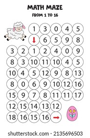 Math Maze With Cute Easter Sheep And Easter Egg. Count To 16. Printable Game For Kids.