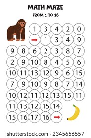 Math maze con lindo gorila y plátano. Cuenta hasta 16. Juego imprimible para niños.