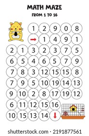 Mathe Labyrinth mit süßem Hamster und Käfig. Zähl bis 16. Printspiel für Kinder.