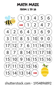 Math Maze With Cute Kawaii Bee And Beehive. Count To 16. Printable Game For Kids.