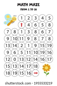 Math Maze With Cute Kawaii Butterfly And Flowers. Count To 16. Printable Game For Kids.