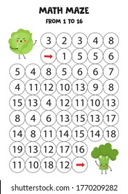 Math maze with cute kawaii cabbage and kawaii broccoli. Educational worksheet for kids. Count from 1 to 16. Learning to count. Activity page.