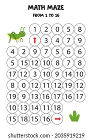 Math maze con lindo saltamontes kawaii y hierba. Cuenta hasta 16. Juego imprimible para niños.