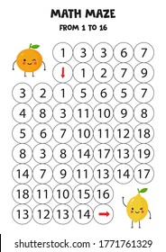 Math maze with cute kawaii lemon and orange. Educational game for kids. Help to find the way. Count from 1 to 16. Activity page for kids.