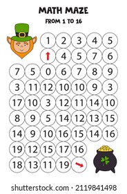 Math maze with cute leprechaun and money caldron. Count to 16. Printable game for kids.