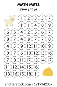 Math Maze With Cute Sheep And Haystack. Count To 16. Printable Game For Kids.