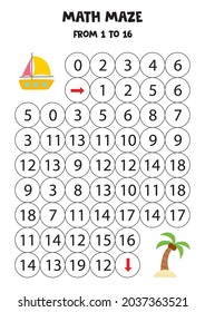 Math maze with cute summer yacht and palm tree. Count to 16. Printable game for kids.