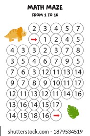Math maze with cute trice raptor dinosaur and tropical leaf. Educational worksheet. Count from 1 to 16.