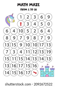 Math Maze With Cute Unicorn And Castle. Count To 16. Printable Game For Kids.