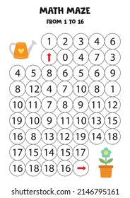 Math maze with cute watering can and flower. Count to 16. Printable game for kids.