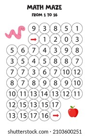 Math maze with cute worm and apple. Count to 16. Printable game for kids.