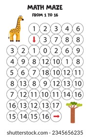 Math maze with cute zebra and baobab tree. Count to 16. Printable game for kids.