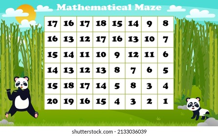 Math maze game for children with cute animal panda eating bamboo in forest printable worksheet for kids in cartoon style for children books, logical riddle