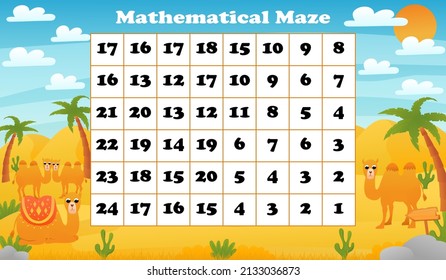 Math maze game for children with cute animal camel in desert printable worksheet for kids in cartoon style for children books, logical riddle